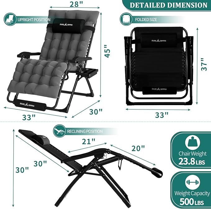UDPATIO Oversized Zero Gravity Chair, 33In XXL Patio Reclining Chair with Cushion, Outdoor Folding Recliner with Pillows|Cup Holder|Foot Rest|Padded Headrest, Dark Grey, Support 500LB - Image 3