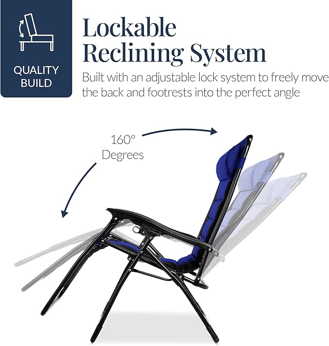 Best Choice Products Oversized Padded Zero Gravity Chair, Folding Outdoor Patio Recliner, XL Anti Gravity Lounger for Backyard w/Headrest, Cup Holder, Side Tray, Polyester Mesh - Blue - Image 9