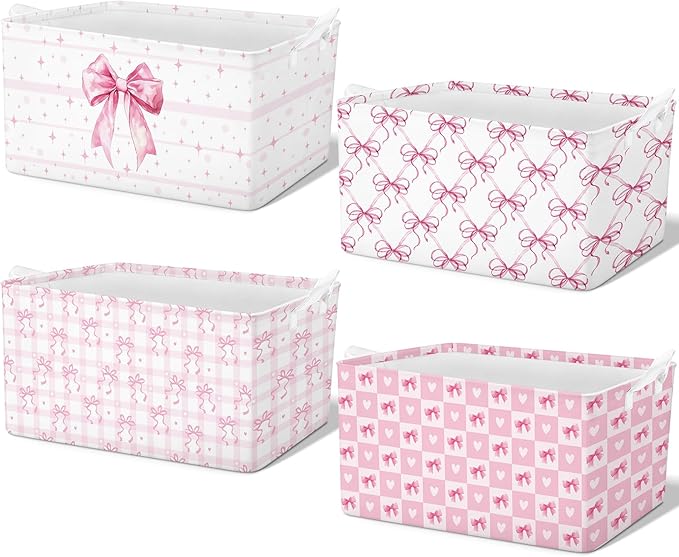 4 Pcs Pink Bow Storage Basket for Gifts Collapsible Girls Coqutte Pink Storage by Bulyoou