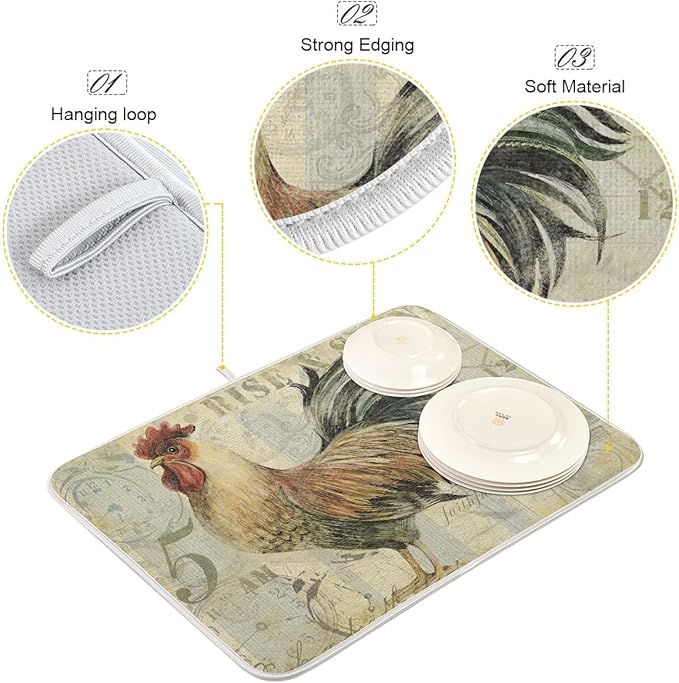 Farmhouse Rooster Dish Drying Mat 18 x 24 Inch - Image 2