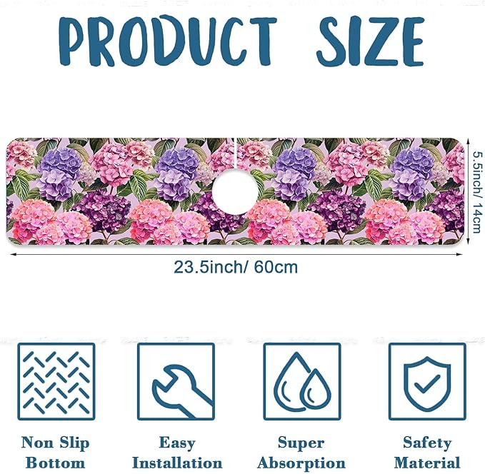 Colorful Hydrangea Kitchen Sink Splash Guard Faucet Mat Purple Pink Hydrangea - Image 2