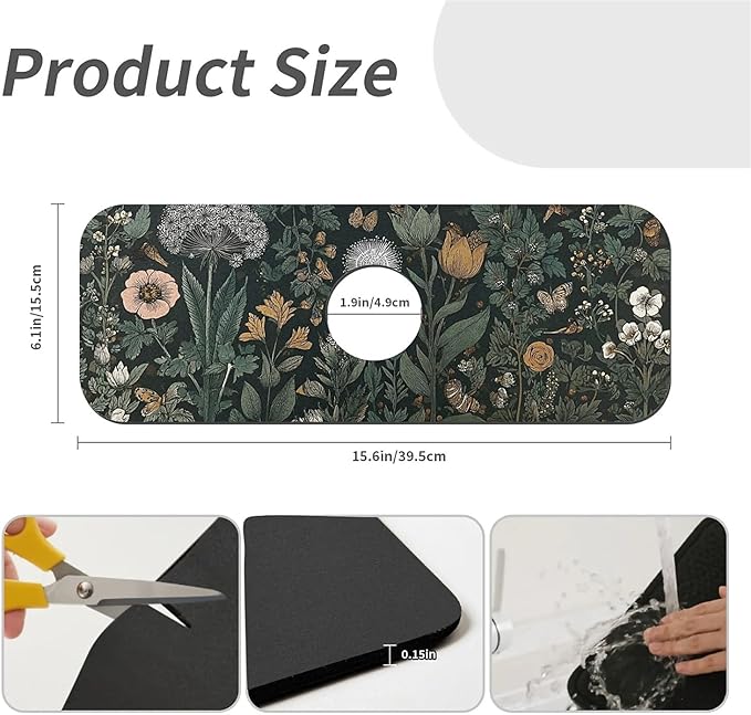 Kitchen Sink Splash Guard，Dark-green black flowers Faucet Mat Sink - Image 3