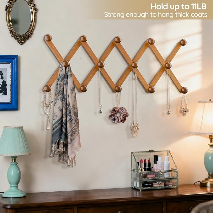WGFKVAS Hat Rack for Wall with 14 Hooks, Solid Wooden, Expandable Coat Rack - Image 6