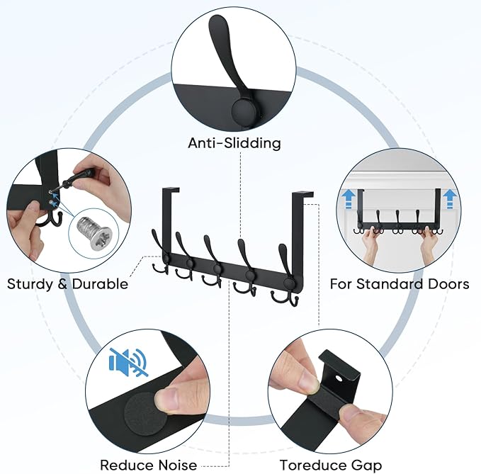 TICONN Over The Door Hooks, 5 Heavy Duty Tri Coat Rack All Metal Coat Hanger - Image 8