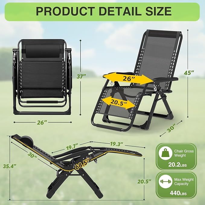 Suteck Zero Gravity Chair Set of 2, Reclining Camping Lounge Chair w/Removable Cushion, Upgraded Lock and Cup Holder, Reclining Patio Chairs Folding Recliner for Indoor and Outdoor - Image 2