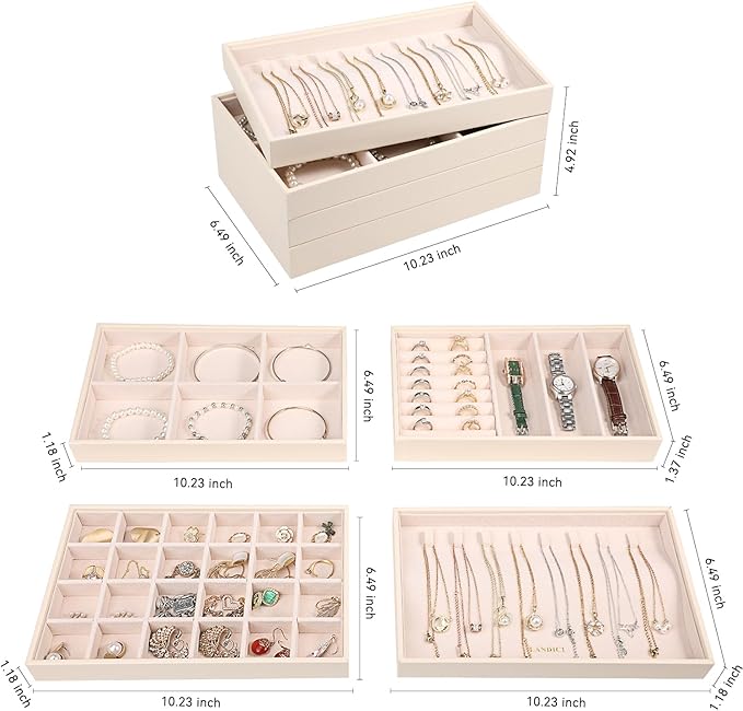 LANDICI Stackable Jewelry Organizer Trays 4 Set, PU Leather Jewelry Organizer - Image 4