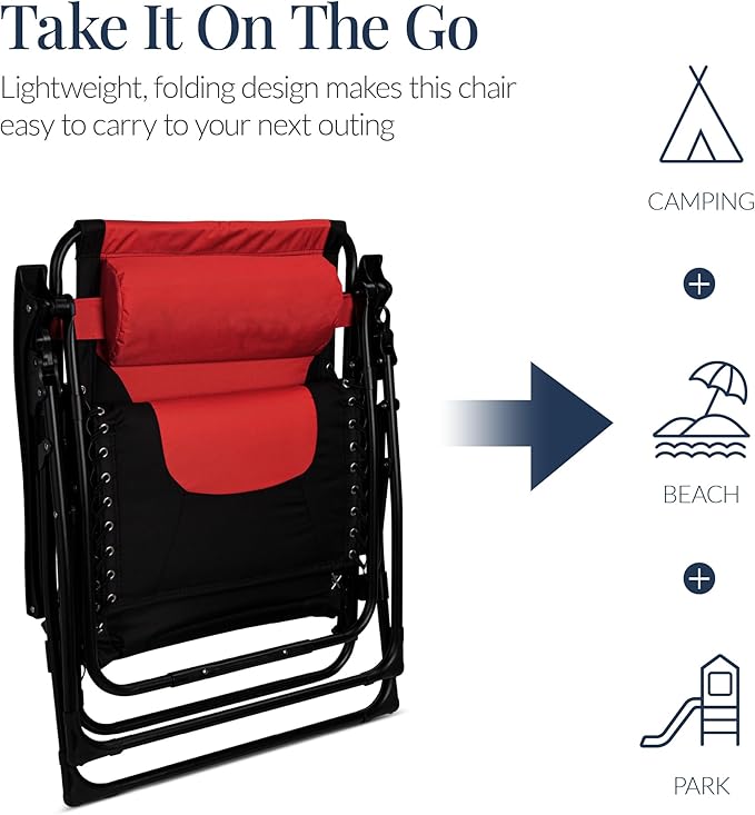 Best Choice Products Oversized Padded Zero Gravity Chair, Folding Outdoor Patio Recliner, XL Anti Gravity Lounger for Backyard w/Headrest, Cup Holder, Side Tray, Polyester Mesh - Red - Image 6