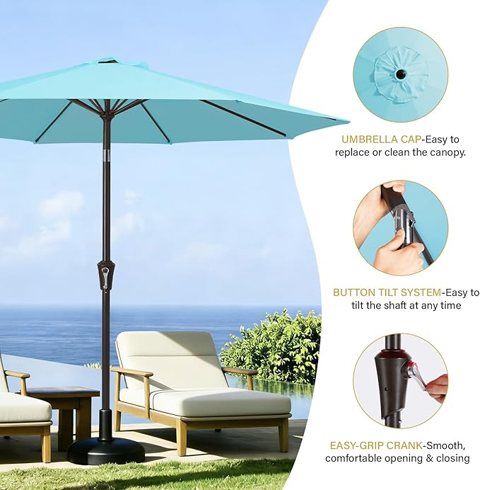 MEWAY 9ft Patio Umbrella Outdoor Table Umbrellas with Push Button Tilt and Crank, Market Umbrella 8 Sturdy Ribs for Deck, Garden, Pool and Backyard, Sky Blue - Image 6