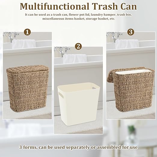 Wicker Waste Basket with Lid and Liner, Woven Seagrass Trash Can, Bathroom - Image 5
