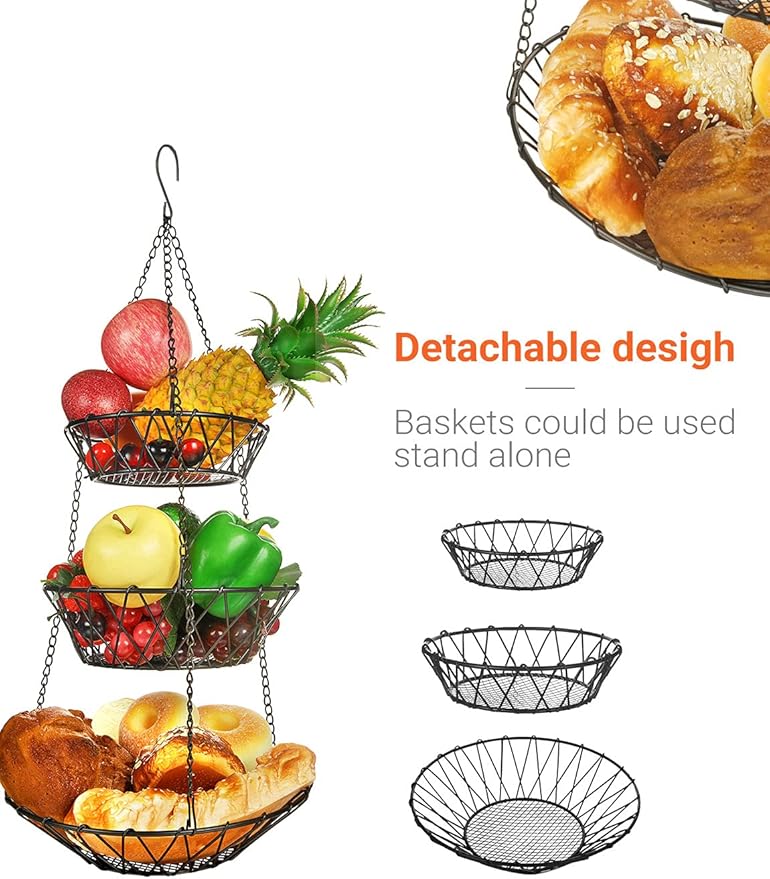 3 Tier Hanging Basket with Sturdy Metal Chain Hanging Hooks Fruit and Vegetable - Image 4