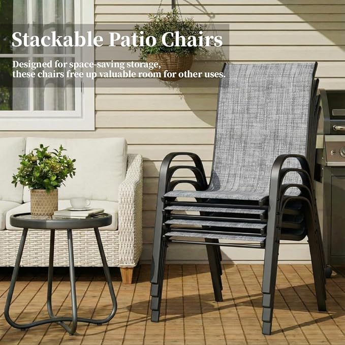 MAMIZO Patio Dining Chairs, Stackable All Weather Teslin Chair, Heavy Duty Outdoor Breathable Chairs Set, w/Armrests, Upgraded Chair FeetW/Strenthened Iron Spacers, 330 LBS (4, Grey) - Image 7