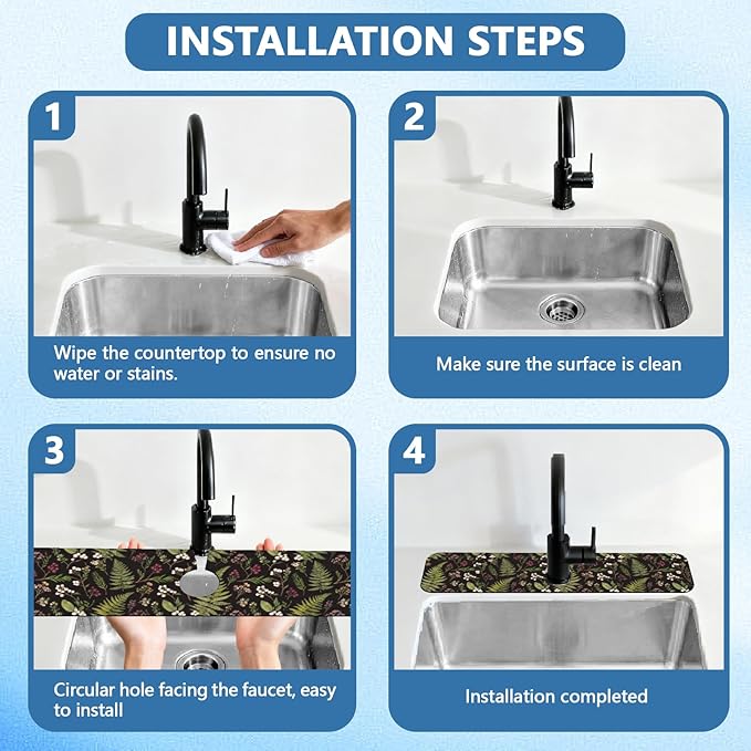 2 Pcs Kitchen Sink Splash Guard Faucet Mats Vintage Fern and Berries Pattern - Image 4