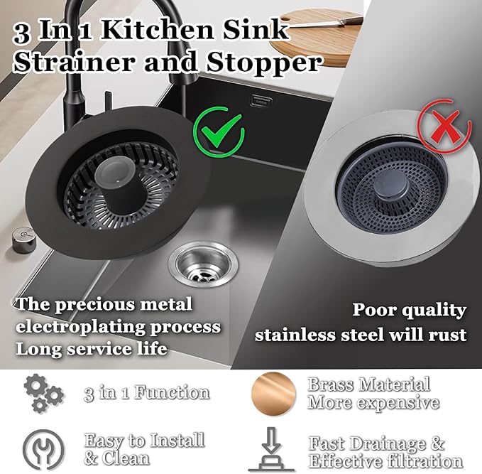 3 in 1 Kitchen Sink Stopper, Pop Up Kitchen Sink Drain Strainer, - Image 4