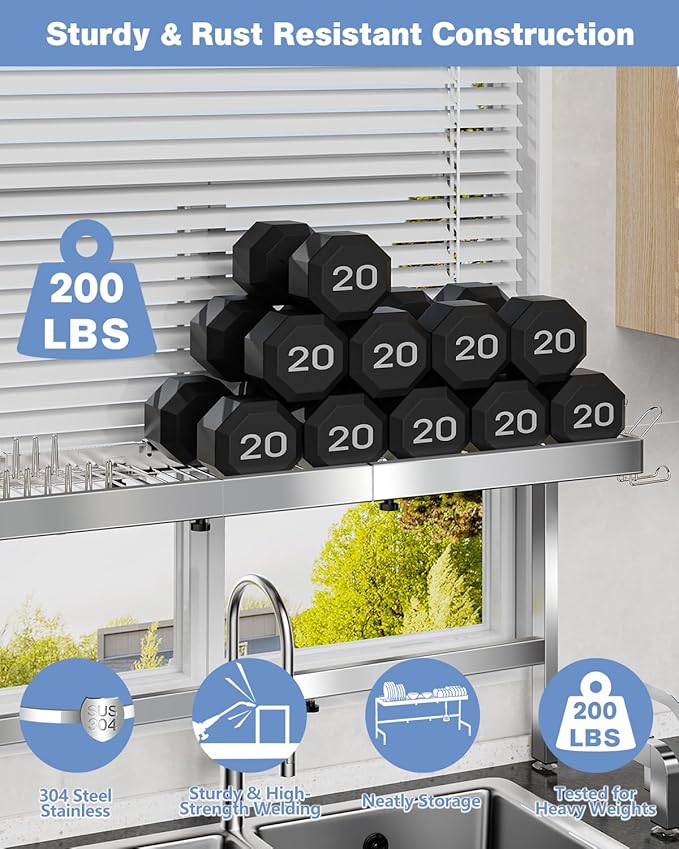 2 Tier Extra Large Over The Sink Dish Drying Rack, Expandable Stainless Steel - Image 4