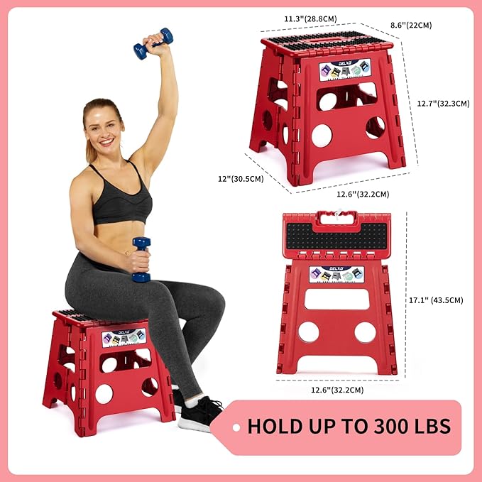 Delxo Folding Step Stool,Non-Slip Stool 13 inch Height Premium Heavy Duty Foldable Stool for Kids and Adults,Kitchen Garden Bathroom Steppingstool 1 Pack in Red,Dotted Texture - Image 2