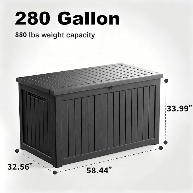 DRATO 280 Gallon Deck Box, Outdoor Large Waterproof Resin Storage Box with Lockable Lid for Patio Cushions, Gardening Tools（Black，280 Gallon） - Image 2