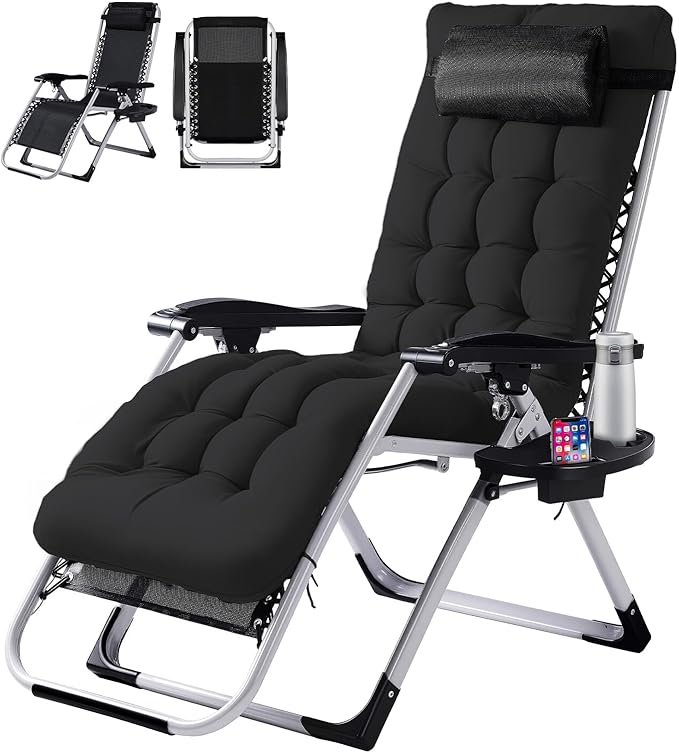 VINGLI Padded Zero Gravity Chair, Lounge Chair with Removable Cushion & Tray， Folding Reclining Patio Chairs， Recliner Chair for Lawn，Indoor Outdoor-Black by VINGLI