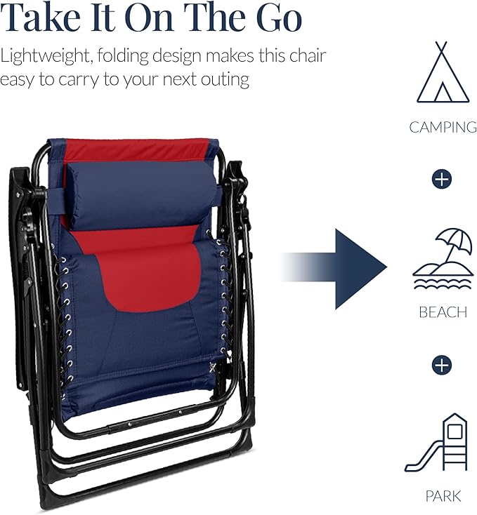Best Choice Products Oversized Padded Zero Gravity Chair, Folding Outdoor Patio Recliner, XL Anti Gravity Lounger for Backyard w/Headrest, Cup Holder, Side Tray, Polyester Mesh - Navy/Red - Image 5