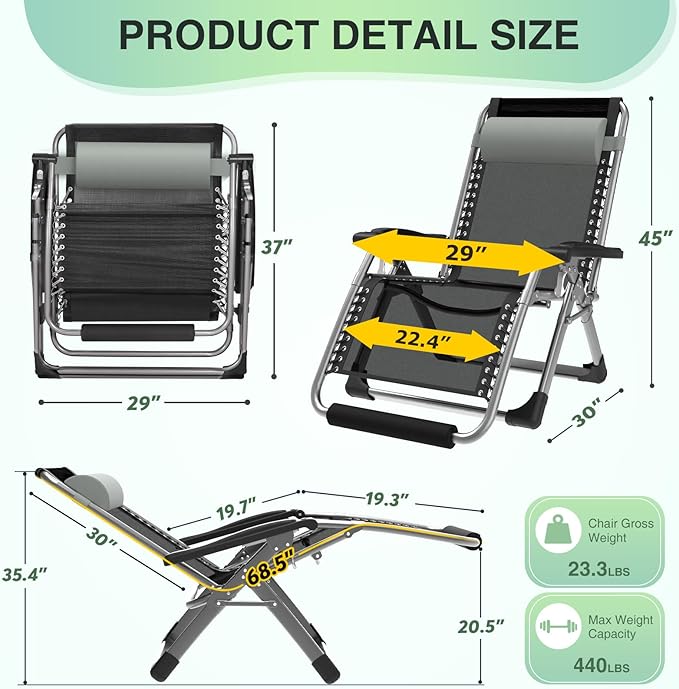 Suteck Oversized Zero Gravity Chair,29In XL Lounge Chair w/Removable Cushion&Headrest, Reclining Camping Chair w/Upgraded Lock and Footrest, Reclining Patio Chairs Recliner for Indoor Outdoor - Image 3