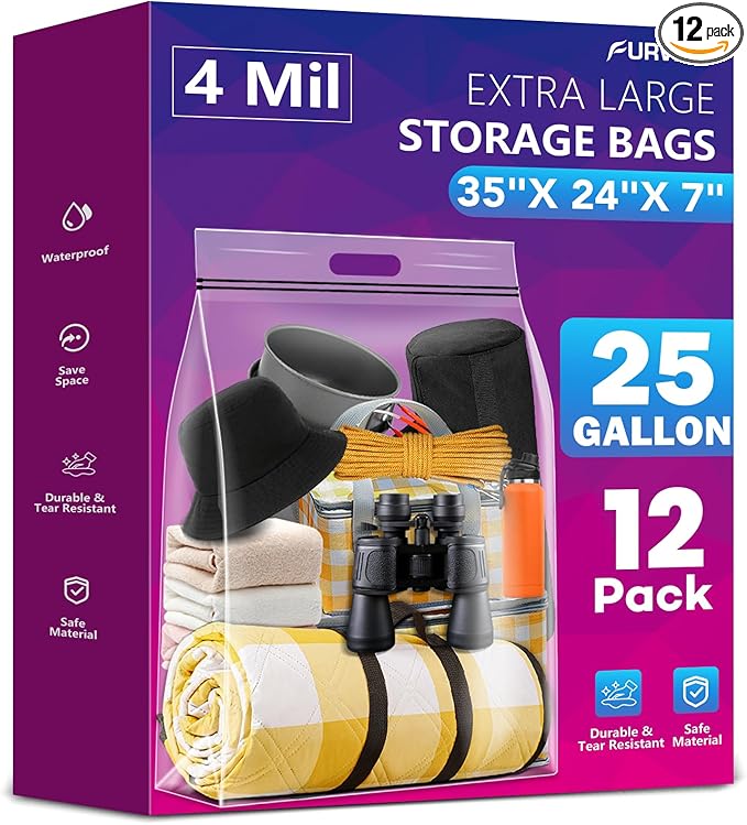 25 Gallon Extra Large Storage Bags 35”x 24”Resealable Clear Bags by FURWEY