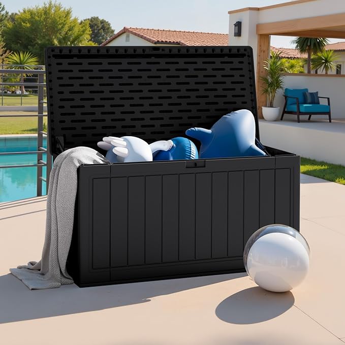 JUMMICO 160 Gallon Resin Outdoor Storage Deck Box with Divider, Waterproof Storage Box&Bench with Lockable Lid for Garden Tools, Pools Supplies (Black) - Image 5