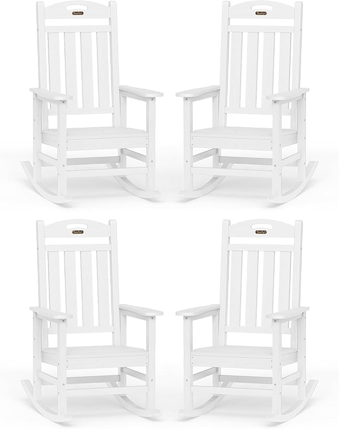 Oversized Rocking Chairs Outdoor Set of 4, High Back Porch Rocking Chair, HDPE All Weather Resistant Patio Chairs, 380lbs Weight Capacity, White by Suunyn