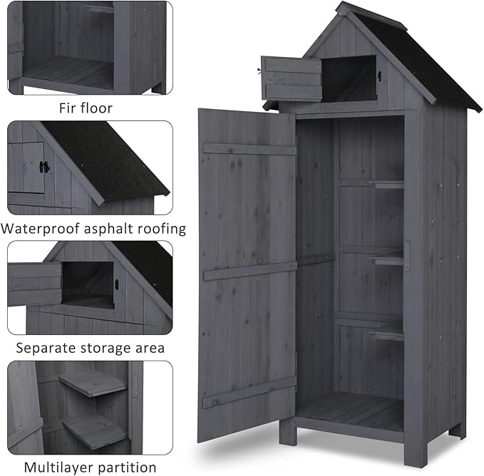 Outvita 70in Outdoor Storage Shed, Waterproof Wooden Garden Storage Cabinet with Lockable Door, Grey - Image 2