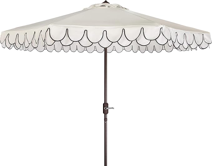 SAFAVIEH 9ft Outdoor Patio Umbrella, Round, Valance, Ivory & Black Trim, Auto Crank Tilt, UV Resistant for Deck, Backyard, Poolside (PAT8006E) by SAFAVIEH