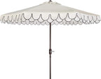 SAFAVIEH 9ft Outdoor Patio Umbrella, Round, Valance, Ivory & Black Trim, Auto Crank Tilt, UV Resistant for Deck, Backyard, Poolside (PAT8006E) by SAFAVIEH
