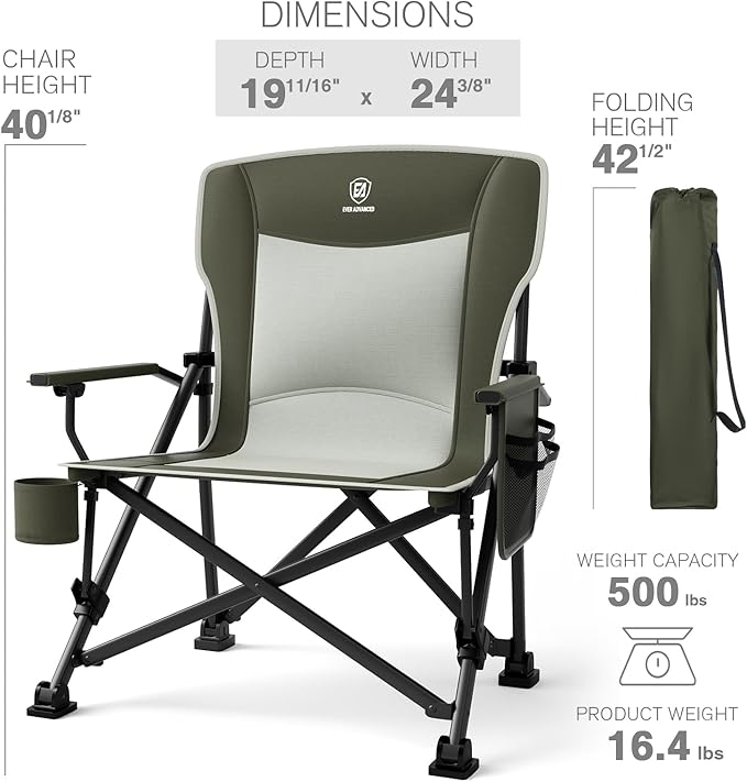 EVER ADVANCED Oversized Folding Camping Chair, for Adults Heavy Duty Lawn Chair with Side Pockets, Portable Collapsible Quad Chair for Outside, Support Up to 500lbs, Green 2Pack - Image 7