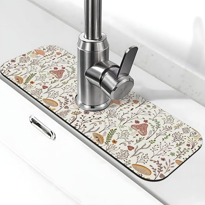 Cute Mushroom Wild Plant Kitchen Sink Splash Guard Faucet Mat 1 Pcs, Absorbent by WILL+BUDXEG