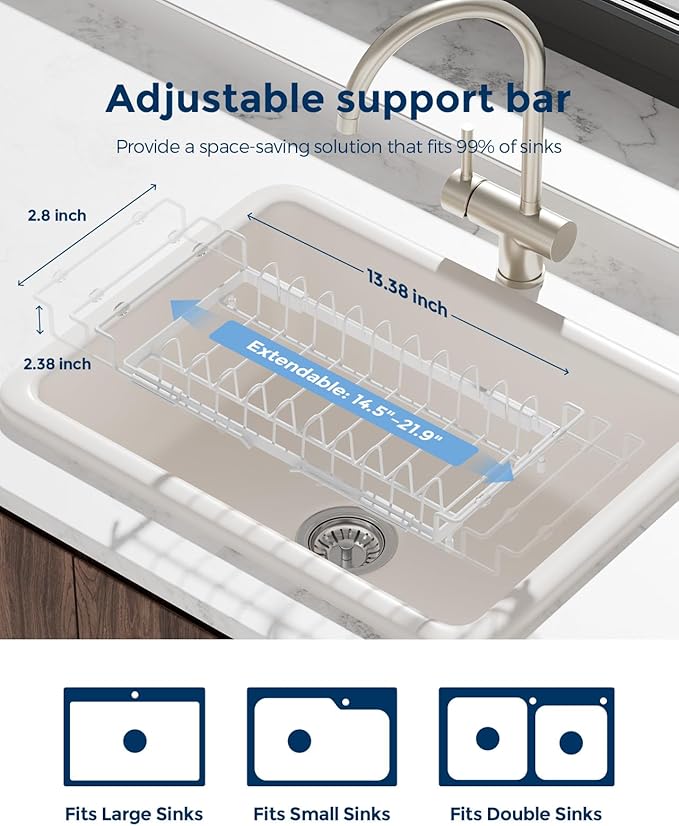 Nacial 2-in-1 Small Dish Drying Rack Fits 14''–21.8'' Sink, Dish Drainers - Image 3