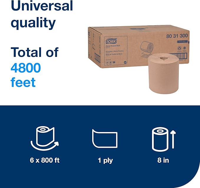 Tork Hand Towel Roll Natural H80, 100% Recycled Fiber, 6 Rolls x 800 ft - Image 2