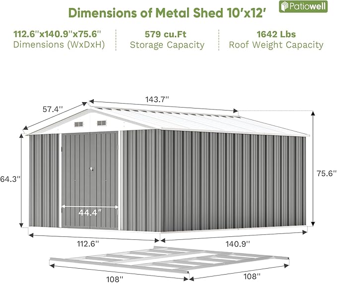 Patiowell 10 x 12 FT Metal Storage Shed for Outdoor with Floor Frame, Steel Yard Shed with Design of Lockable Doors, Utility and Tool Storage for Garden, Backyard, Patio, Outside use, Grey - Image 8