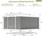 Patiowell 10 x 12 FT Metal Storage Shed for Outdoor with Floor Frame, Steel Yard Shed with Design of Lockable Doors, Utility and Tool Storage for Garden, Backyard, Patio, Outside use, Grey - Image 8