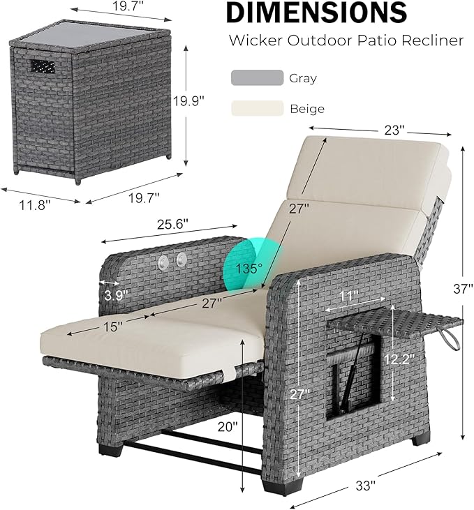 Restland Outdoor Recliner with Independent Adjustable Back & Footrest Wicker Patio Reclining Chair with Flip Table Comfortable Lounge Chair & Thick Cushion for Deck, Porch (3 Piece, Beige) - Image 2
