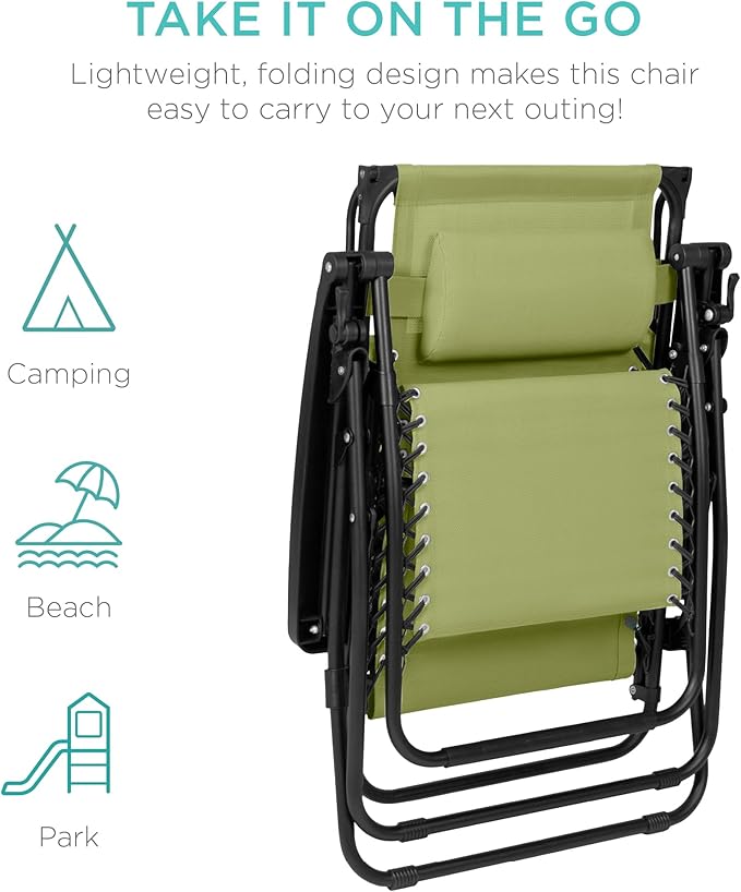 Best Choice Products Folding Zero Gravity Outdoor Recliner Patio Lounge Chair w/Adjustable Canopy Shade, Headrest, Side Accessory Tray, Textilene Mesh - Dusty Green - Image 7