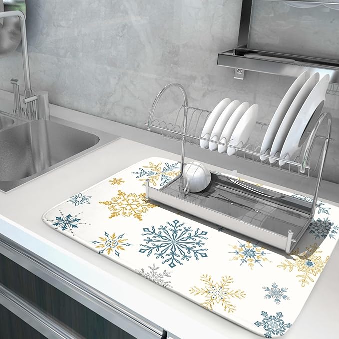 Winter Dish Drying Mat for Kitchen Counter Blue Golden Snowflake Holiday Xmas - Image 5