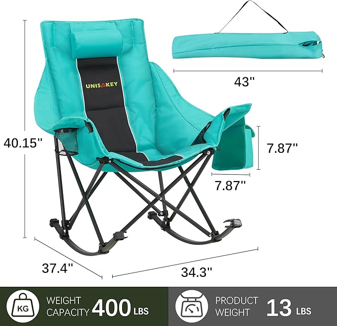 Oversized Rocking Camping Chair with Headrest & Cup Holder - 400lbs Capacity, 600D Oxford Fabric, Easy Fold Portable Outdoor Rocker Chair for Camping, Backyard, Beach, Blackgreen - Image 3
