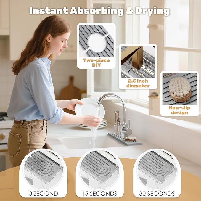 15.7''x4.8''Stone Faucet Mat for Kitchen Sink, Diatomite Quick Dry Kitchen Sink - Image 2