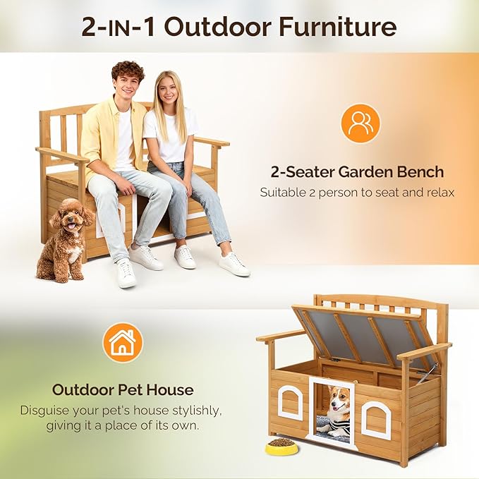 VINGLI Outdoor Storage Bench with Built-in Dog House, 2-in-1 Outdoor Waterproof Patio Bench with Pet Kennel for Patio Backyard Porch (Natural) - Image 7