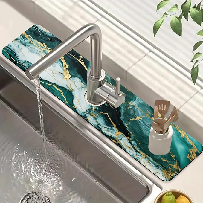 Green Marble Sink Splash Guard Faucet Mat Liquid Gold Marble Super Absorbent by Unknown