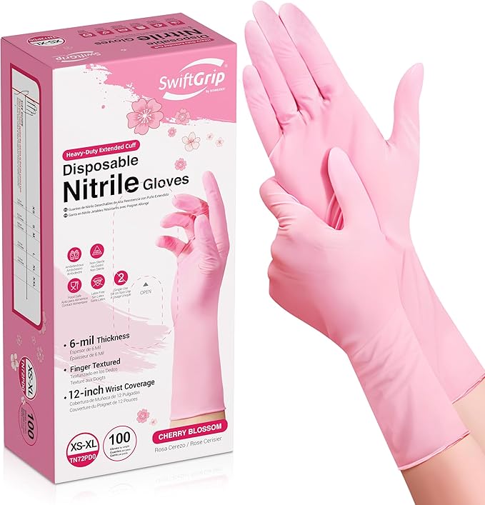 Disposable Nitrile Dishwashing Gloves, Extended 12 Inches Cuff, Cherry Blossom by SwiftGrip