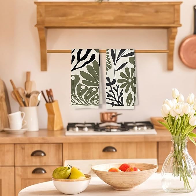 Abstract Green and Black Boho Floral Kitchen Towels Set of 2, 70s Retro Groovy - Image 2