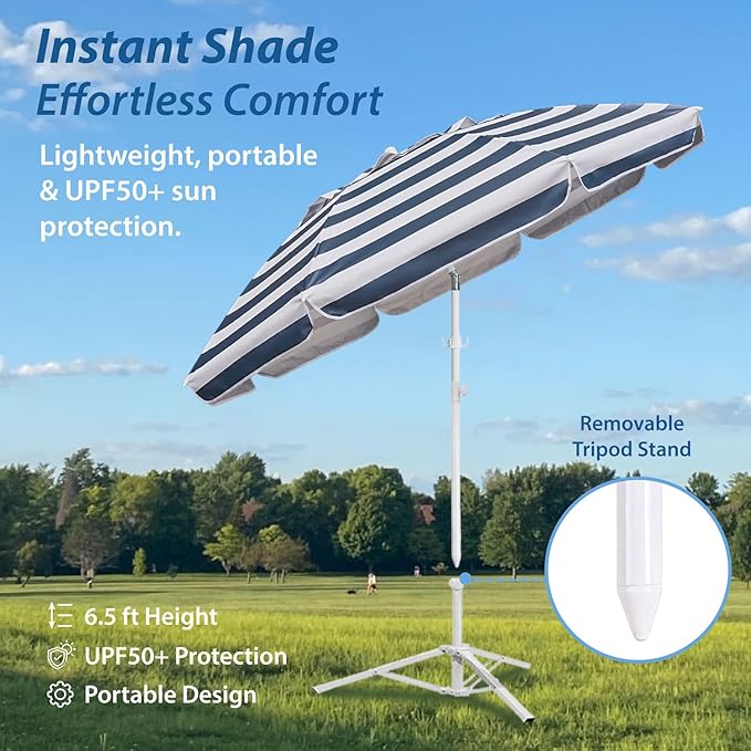 AMMSUN Shade Umbrella, Premium Portable Umbrella with Stand, 6.5ft Lightweight Free Standing Canopy for Sporting Games, Adjustable Instant Sun Protection and Easy to Carry, Stripe Blue - Image 3