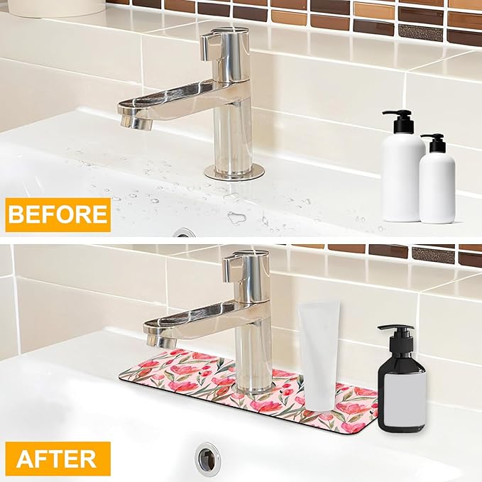2 Pack Watercolor Tulips Sink Faucet Absorbing Mat Pink Tulips Super Absorbent - Image 6