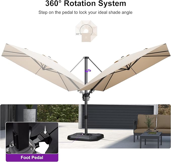 PURPLE LEAF 8.8' X 8.8' Right-left Tilt Patio Umbrella with Base Outdoor Cantilever Swivel Square Umbrella with Tilt Aluminum Offset Umbrella with 360-degree Rotation for Garden Deck Pool Patio Beige - Image 7