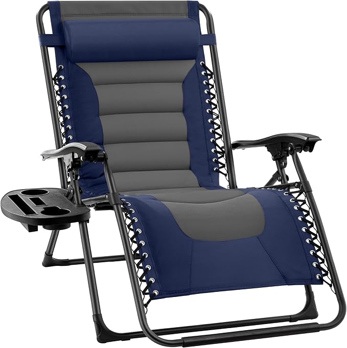 Best Choice Products Oversized Padded Zero Gravity Chair, Folding Outdoor Patio Recliner, XL Anti Gravity Lounger for Backyard w/Headrest, Cup Holder, Side Tray, Polyester Mesh - Navy/Gray by BestChoiceProducts