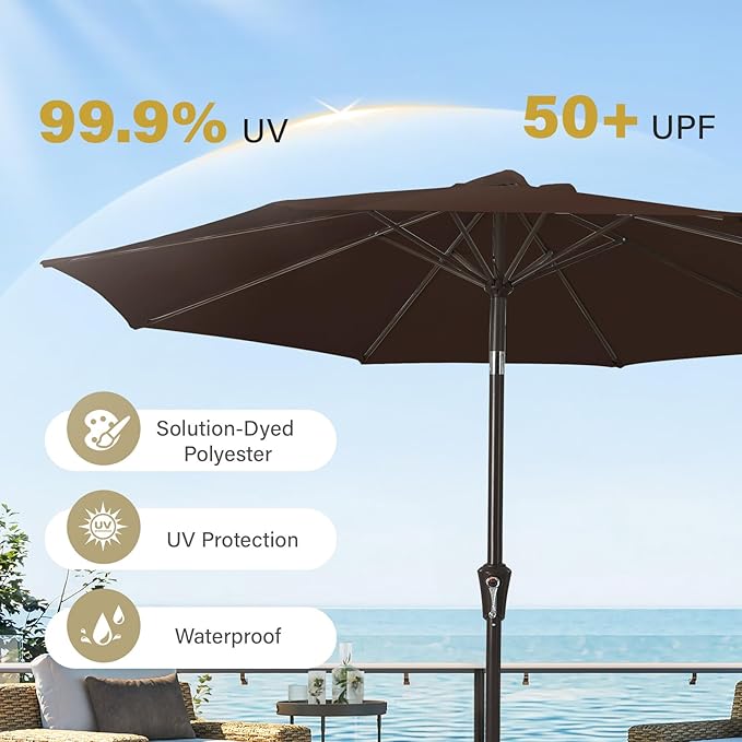 MEWAY 9ft Patio Umbrella Outdoor Table Umbrellas with Push Button Tilt and Crank, Market Umbrella 8 Sturdy Ribs for Deck, Garden, Pool and Backyard, Brown - Image 5