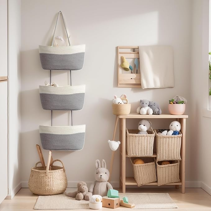 Hanging Baskets for Organizing, 3-Tier Woven Cotton Wall-Mounted Storage - Image 3